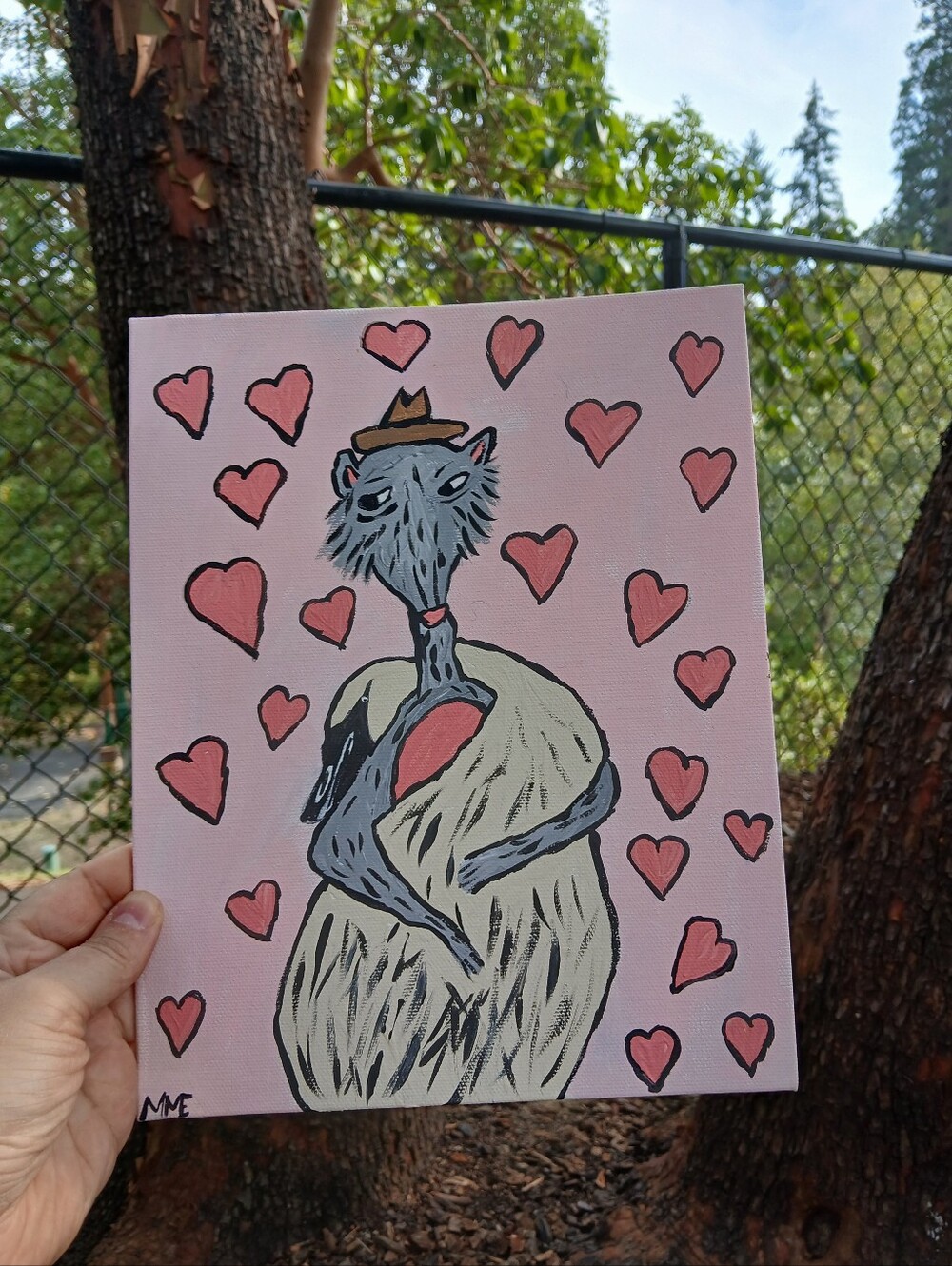 Swan Hugging Possum Painting Folk Art